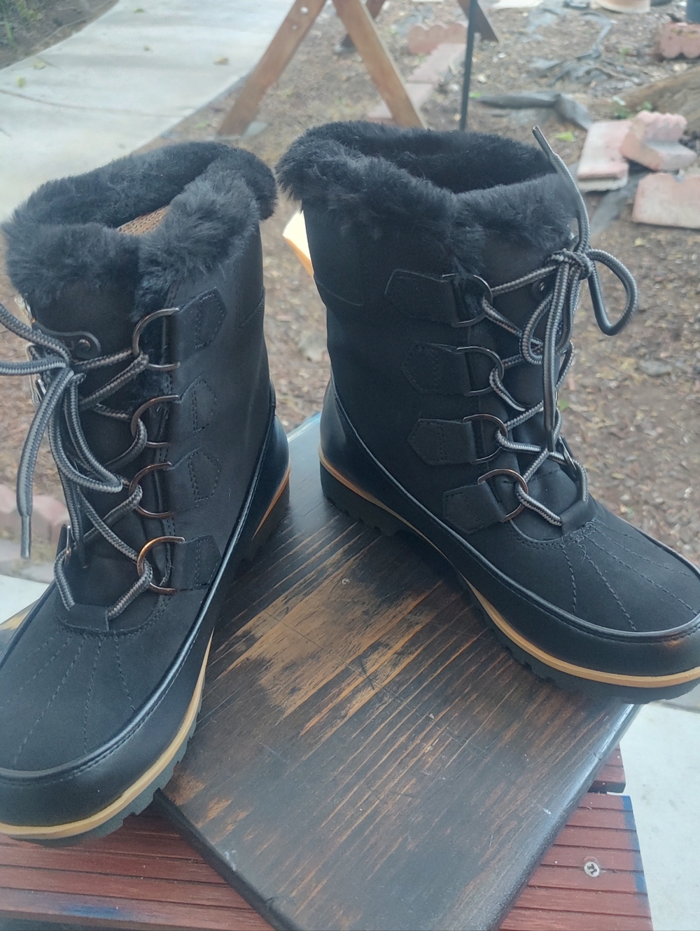 Jambu Black Waterproof Faux-Fur Lace-Up Winter Boots with Tan Trim